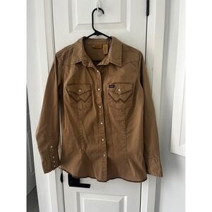 Wrangler Womens Western Pearl Snap Shirt Tan Cotton‎ Stretch Cowgirl Medium